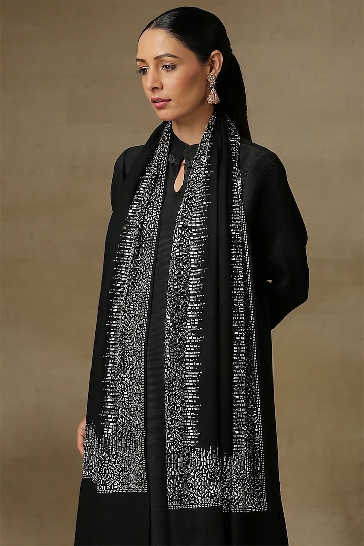 Black Fine Count Wool Hand Embellished Cashmere Stole Design by Shaza ...