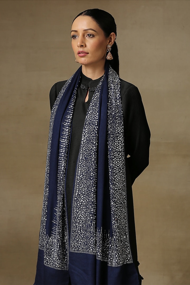 Prussian Blue Fine Count Wool Hand Embellished Cashmere Stole by Shaza