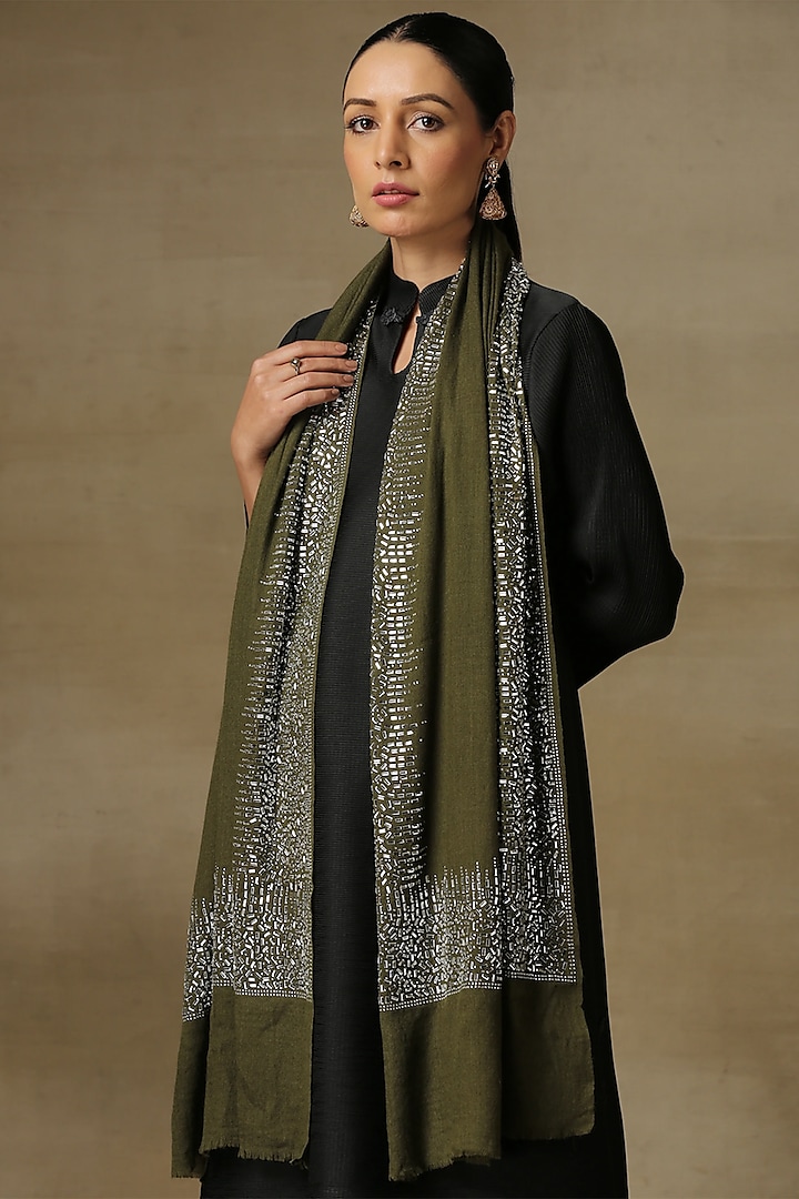 Olive Fine Count Wool Hand Embellished Cashmere Stole by Shaza