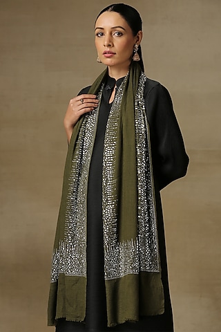 Olive Fine Count Wool Hand Embellished Cashmere Stole by Shaza