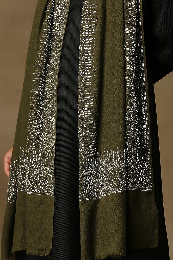 Olive Fine Count Wool Hand Embellished Cashmere Stole by Shaza at Pernia's Pop Up Shop