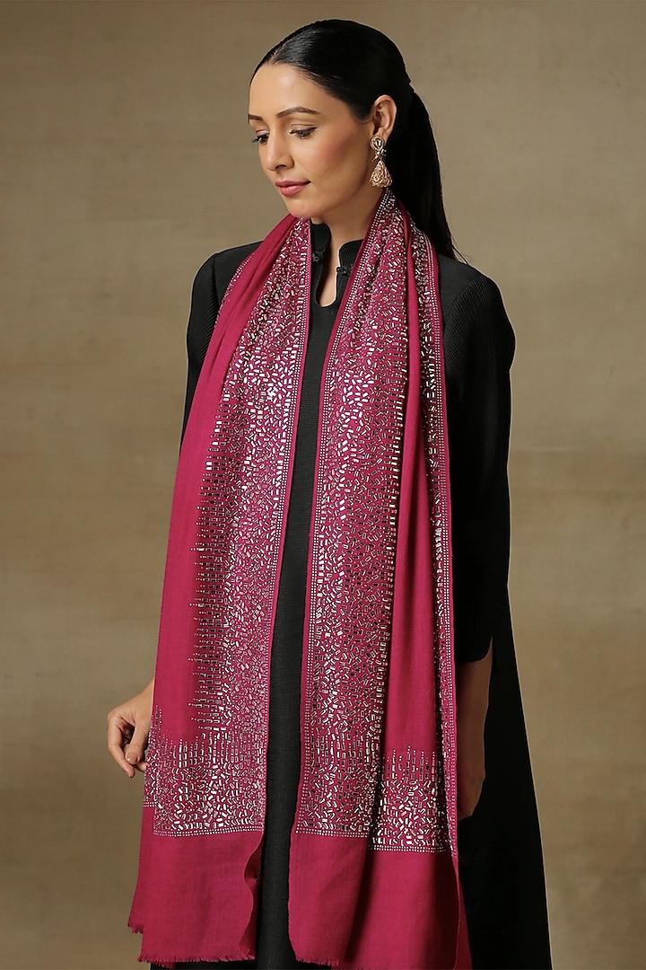 Magenta Fine Count Wool Hand Embellished Cashmere Stole by Shaza