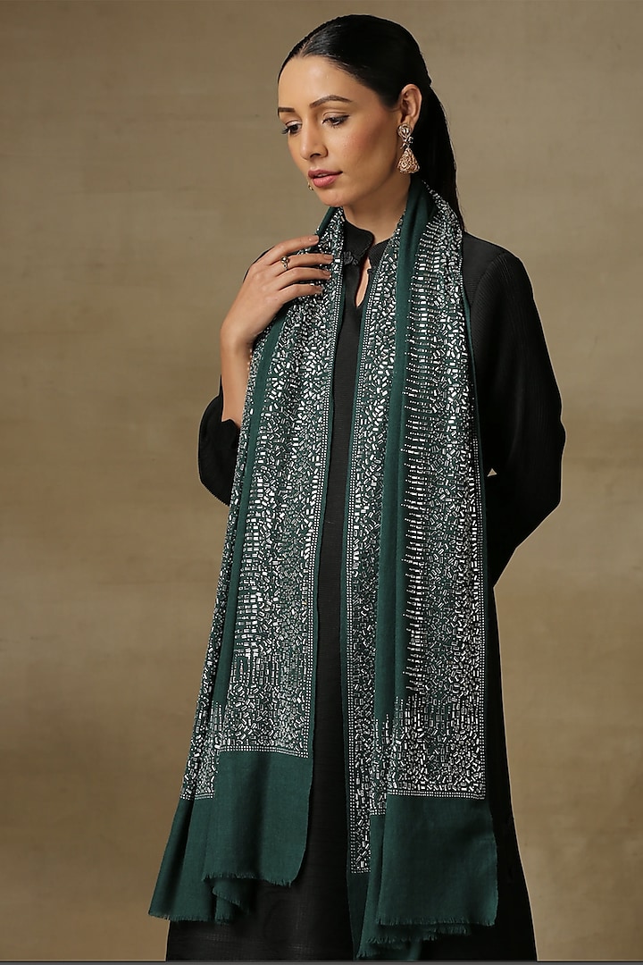 Emerald Green Fine Count Wool Hand Embellished Cashmere Stole by Shaza