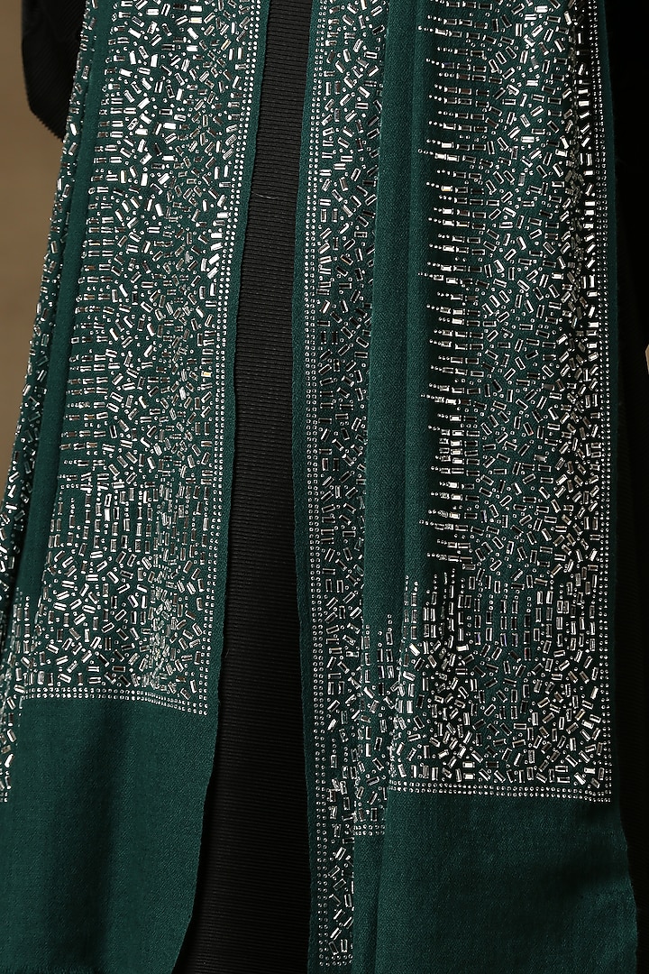 Emerald Green Fine Count Wool Hand Embellished Cashmere Stole by Shaza at Pernia's Pop Up Shop