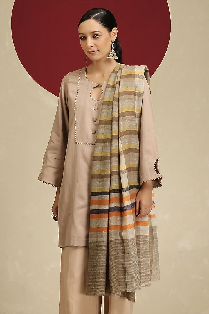 Beige Handloom Pashmina Interwoven Shawl by Shaza at Pernia's Pop Up Shop