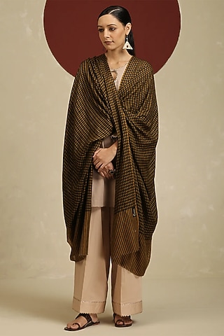 Ochre & Black Handloom Pashmina Hand Woven Embroidered Shawl by Shaza