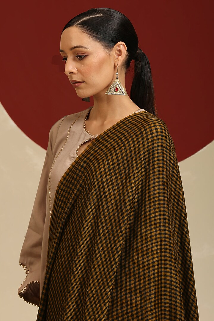 Ochre & Black Handloom Pashmina Hand Woven Embroidered Shawl by Shaza at Pernia's Pop Up Shop