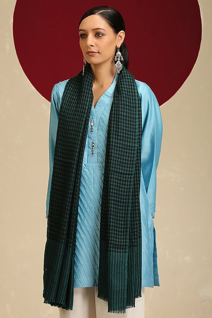 Teal Handloom Pashmina Kashmiri Thread Embroidered Shawl by Shaza