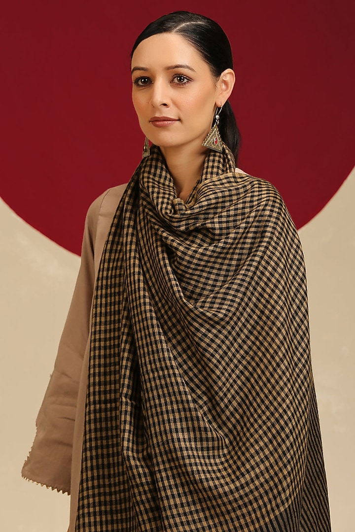 Yellow & Black Handloom Pashmina Checkered Shawl by Shaza at Pernia's Pop Up Shop