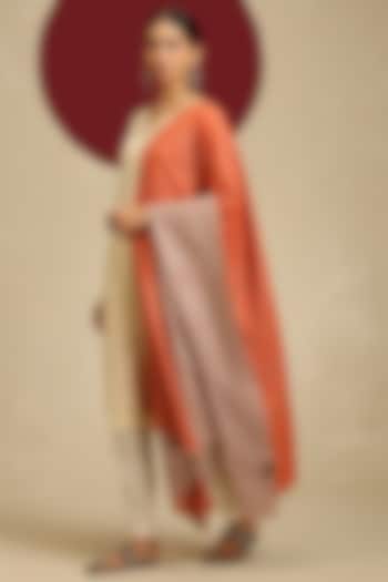 Orange & Beige Handloom Pashmina Reversible Woven Shawl by Shaza