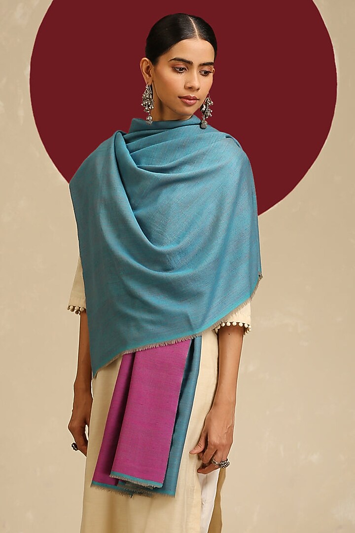 Pink & Blue Handloom Pashmina Reversible Woven Shawl by Shaza at Pernia's Pop Up Shop