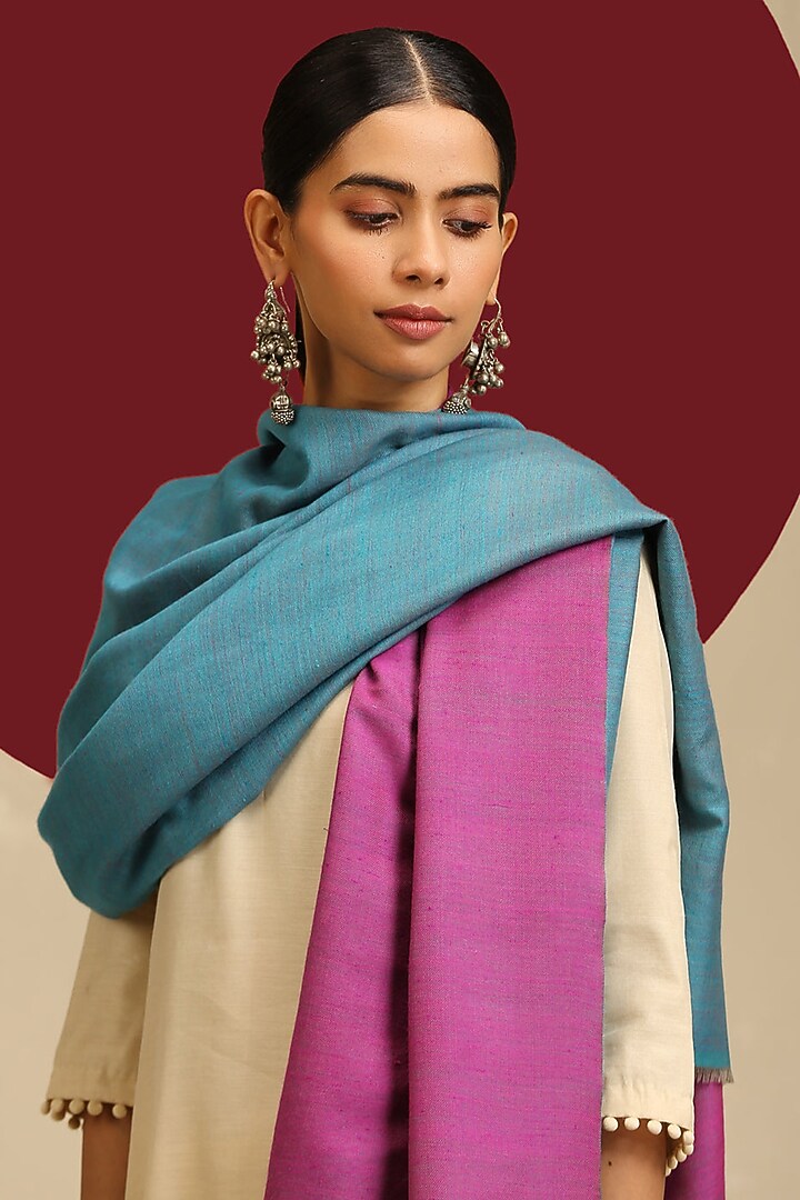 Pink & Blue Handloom Pashmina Reversible Woven Shawl by Shaza at Pernia's Pop Up Shop