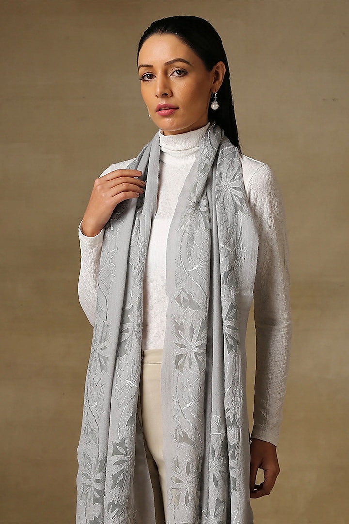 Silver Grey Fine Wool Cutwork Stole by Shaza