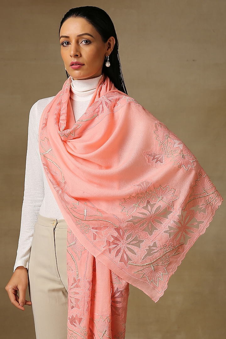 Peachy Pink Fine Wool Cutwork Stole by Shaza
