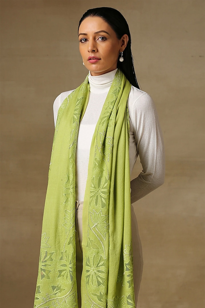 Lime Green Fine Wool Cutwork Stole by Shaza