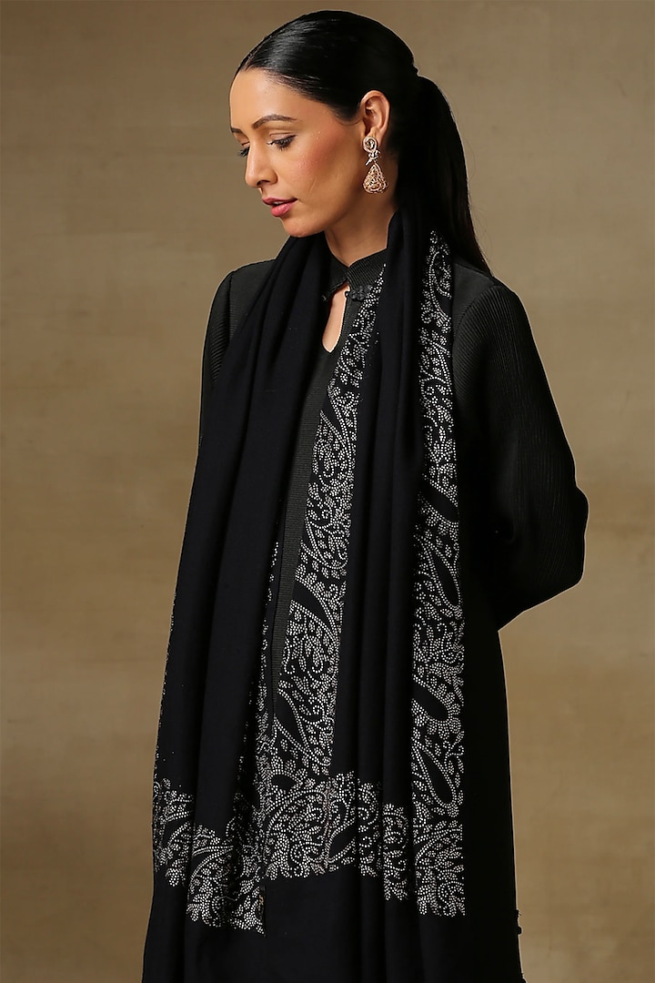 Black Soft Cashmere Wool Hand Embellished Stole by Shaza