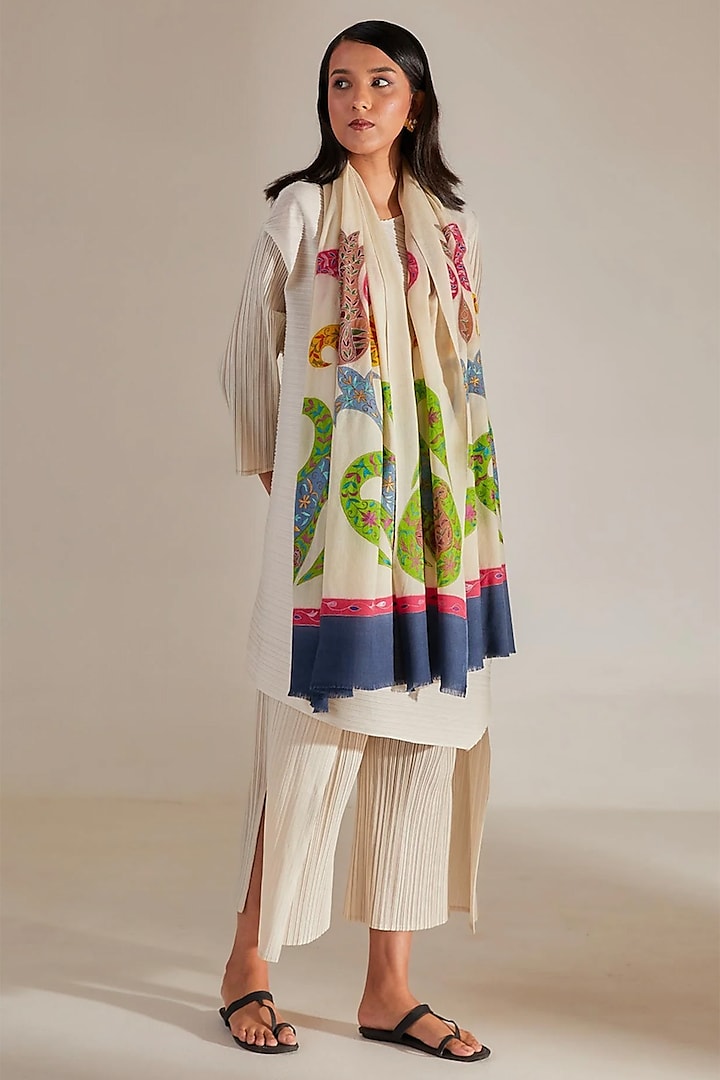 White Handloomed Pashmina Hand Embroidered Stole by Shaza