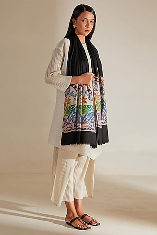 Black Handloomed Pashmina Hand Embroidered Stole by Shaza