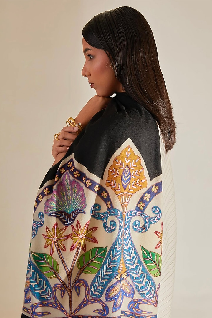 Black Handloomed Pashmina Hand Embroidered Stole by Shaza at Pernia's Pop Up Shop