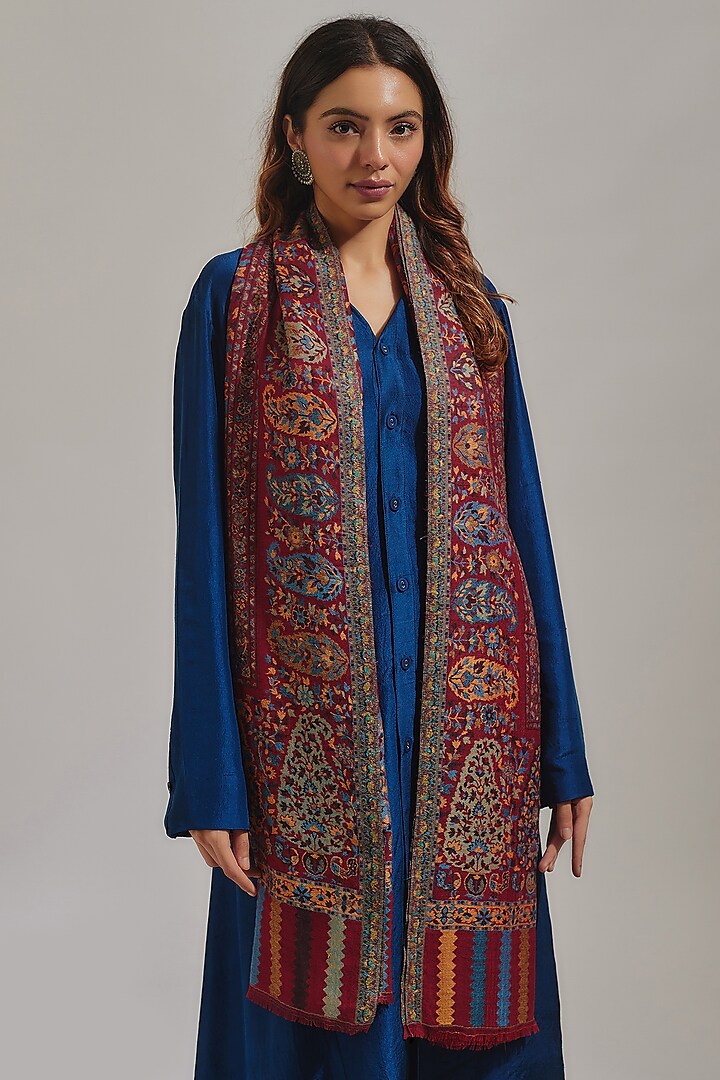 Deep Red Wool Silk Blend Embroidered Stole by Shaza