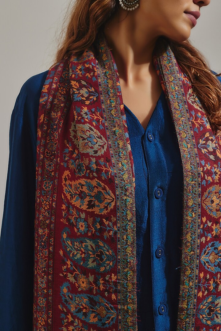 Deep Red Wool Silk Blend Embroidered Stole by Shaza at Pernia's Pop Up Shop