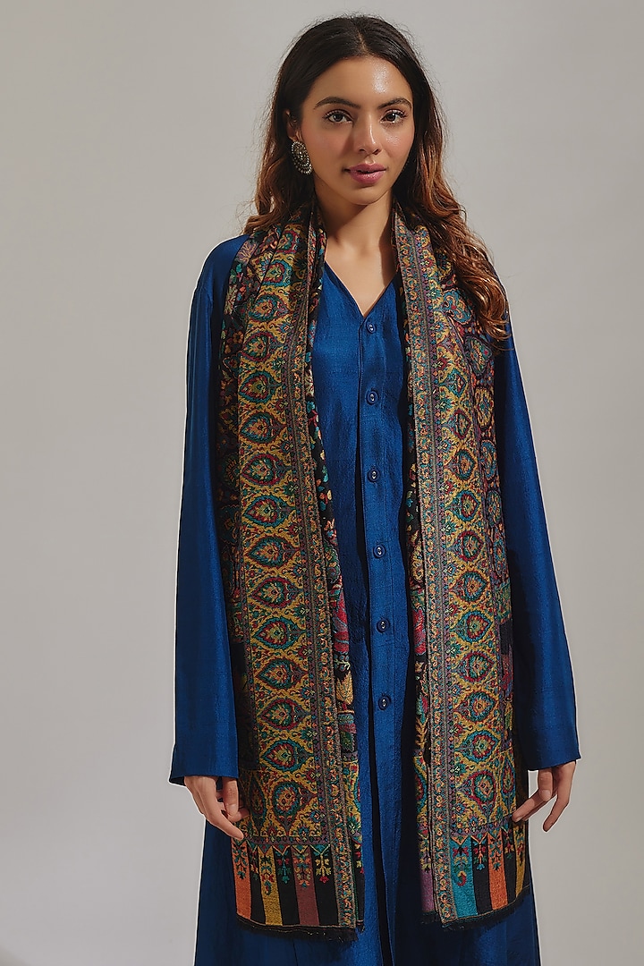 Black Wool Silk Blend Embroidered Stole by Shaza at Pernia's Pop Up Shop