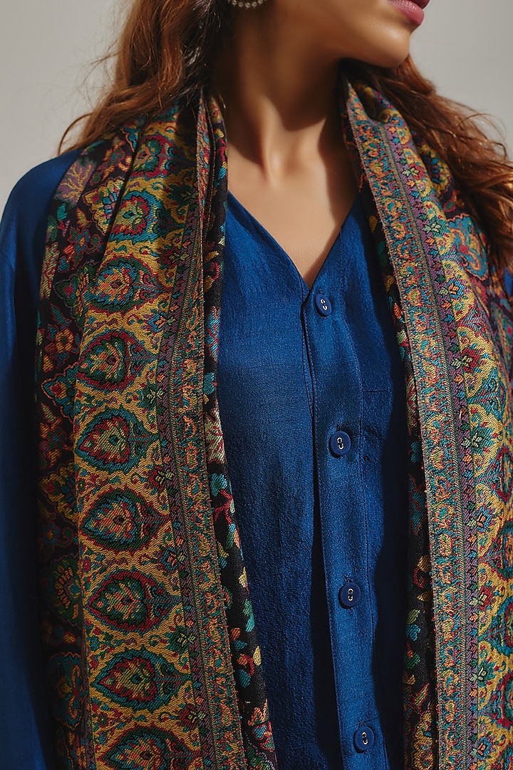 Black Wool Silk Blend Embroidered Stole by Shaza at Pernia's Pop Up Shop