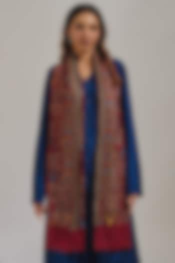 Deep Red Wool Silk Blend Embroidered Stole by Shaza