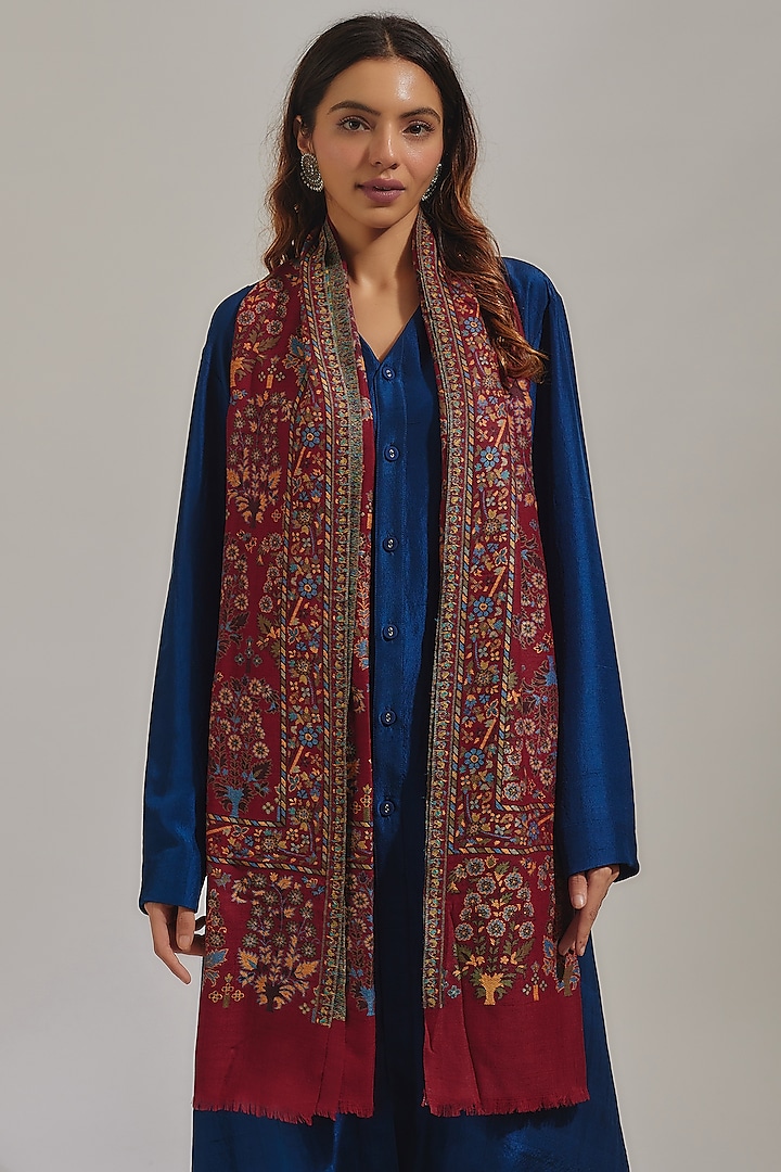 Deep Red Wool Silk Blend Embroidered Stole by Shaza at Pernia's Pop Up Shop