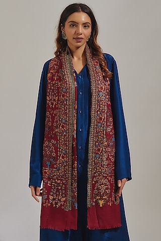 Deep Red Wool Silk Blend Embroidered Stole by Shaza