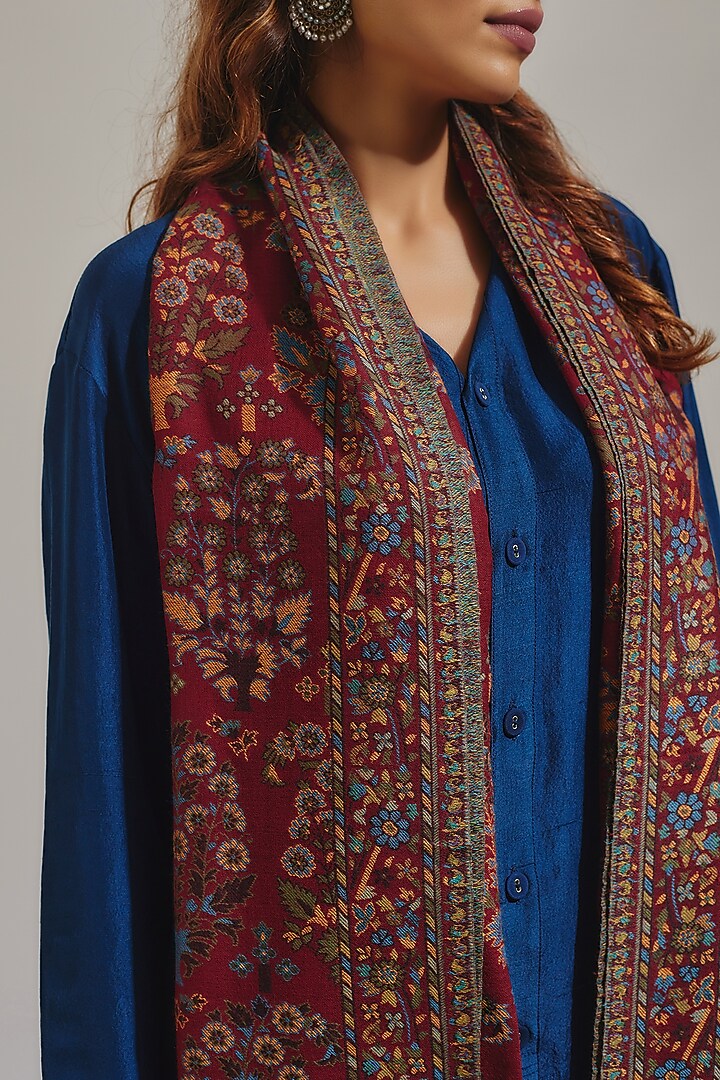 Deep Red Wool Silk Blend Embroidered Stole by Shaza at Pernia's Pop Up Shop