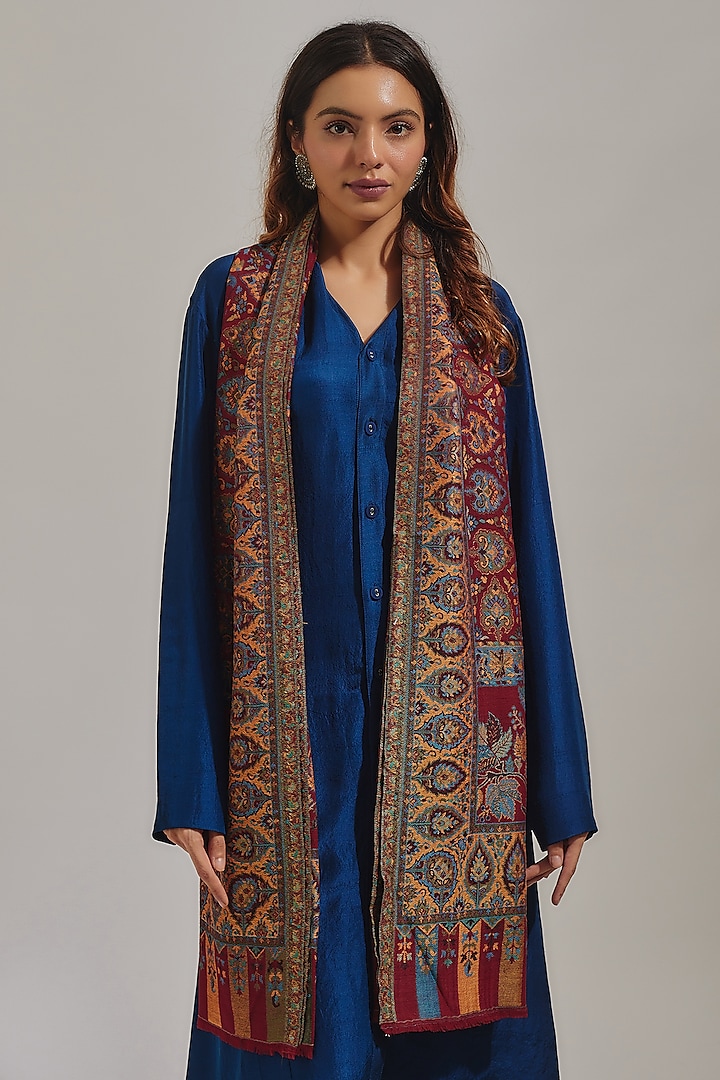Deep Red Wool Silk Blend Embroidered Stole by Shaza