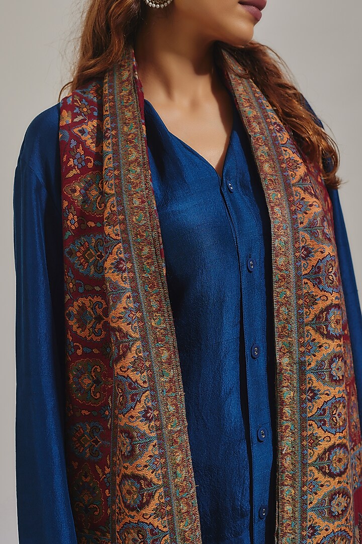 Deep Red Wool Silk Blend Embroidered Stole by Shaza at Pernia's Pop Up Shop