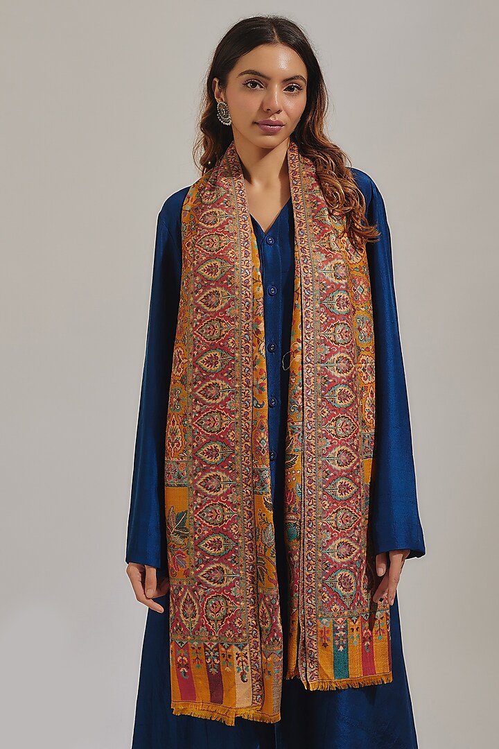 Mustard Yellow Wool Silk Blend Embroidered Stole by Shaza