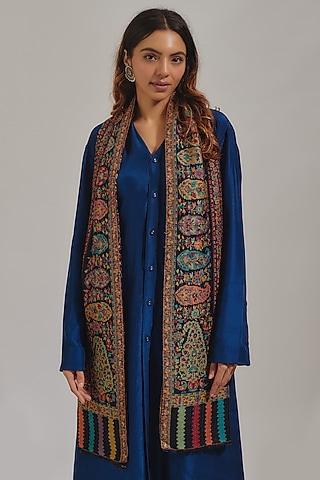Black Wool Silk Blend Embroidered Stole by Shaza