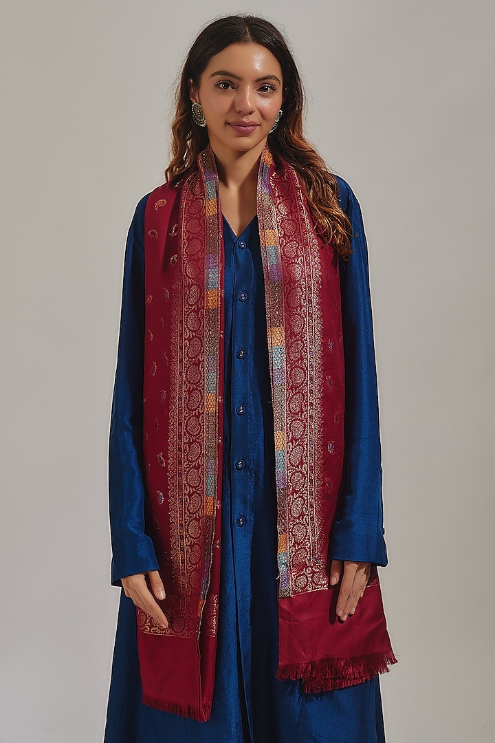 Red Wool Silk Blend Embroidered Stole by Shaza at Pernia's Pop Up Shop