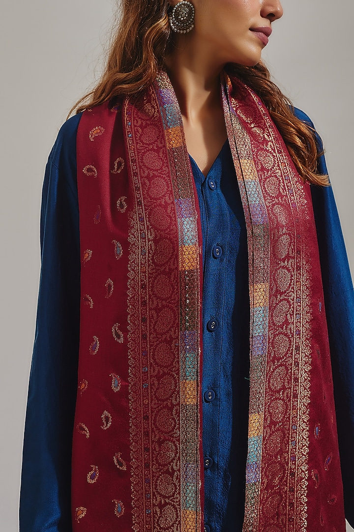 Red Wool Silk Blend Embroidered Stole by Shaza at Pernia's Pop Up Shop