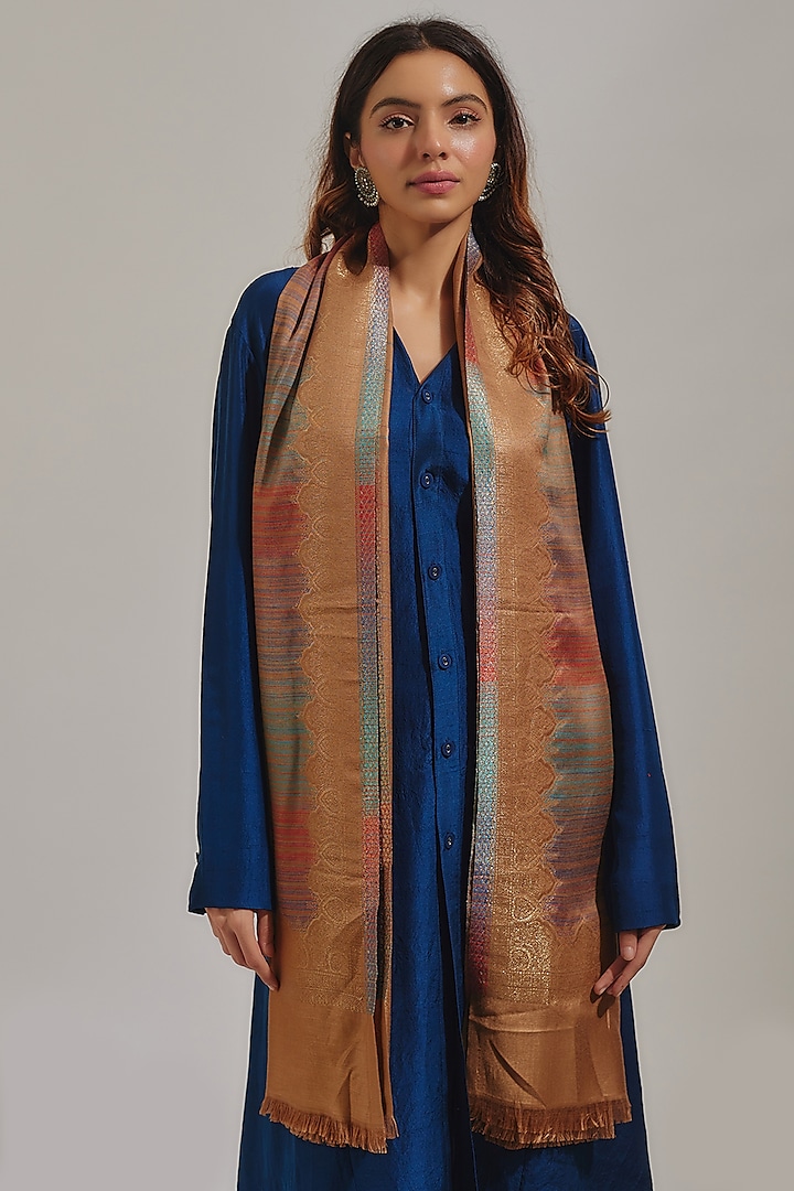 Gold Wool Silk Blend Embroidered Stole by Shaza at Pernia's Pop Up Shop