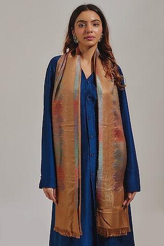 Gold Wool Silk Blend Embroidered Stole by Shaza