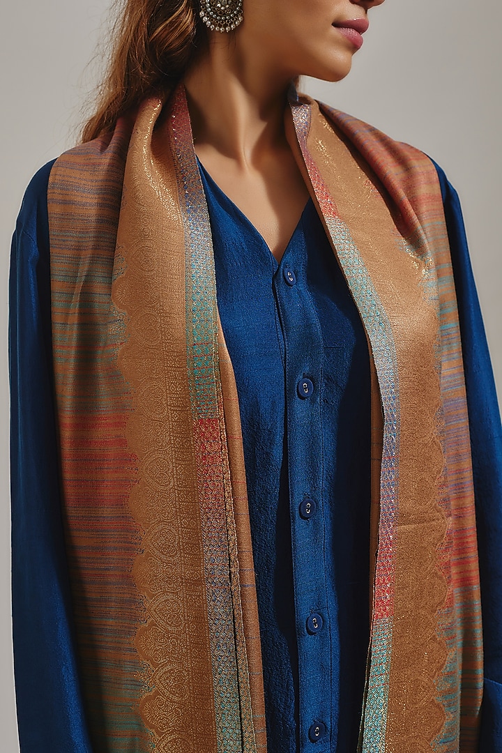 Gold Wool Silk Blend Embroidered Stole by Shaza at Pernia's Pop Up Shop