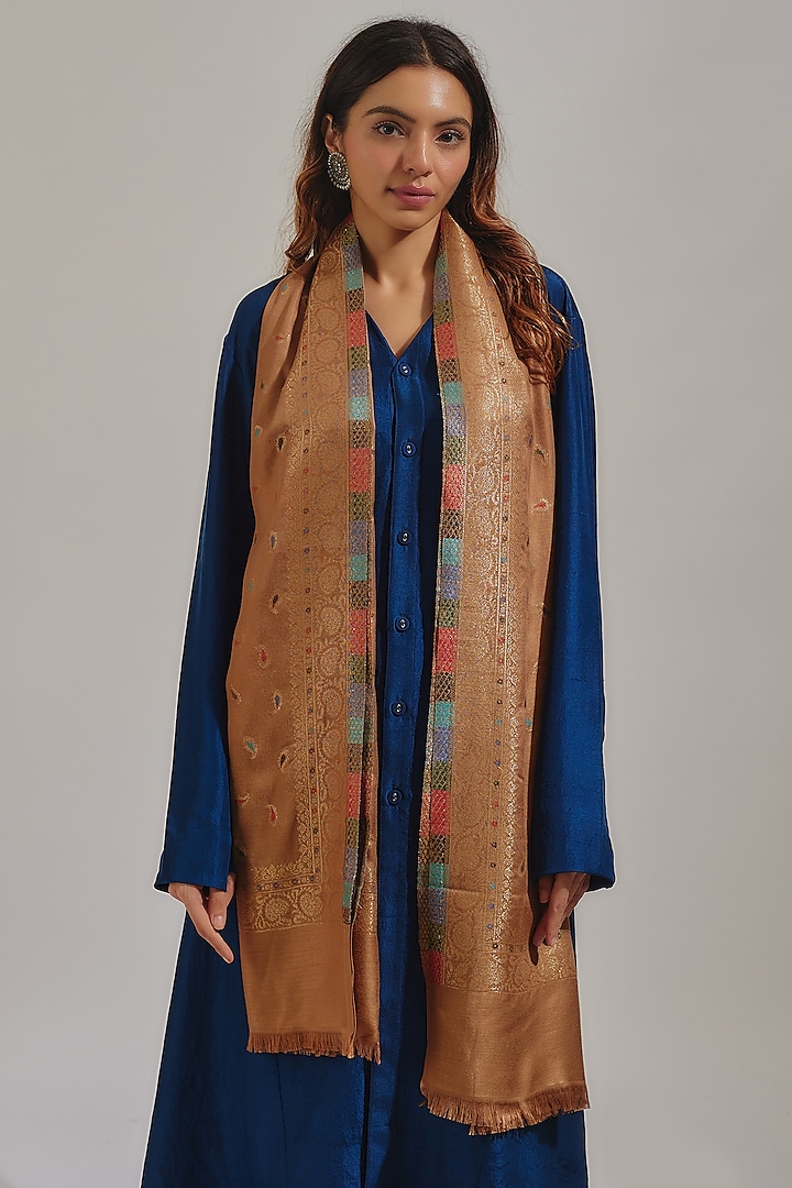 Gold Wool Silk Blend Embroidered Stole by Shaza at Pernia's Pop Up Shop