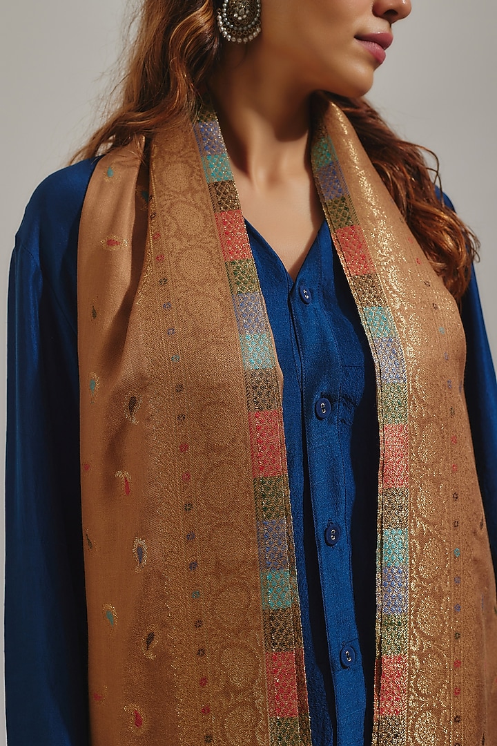 Gold Wool Silk Blend Embroidered Stole by Shaza at Pernia's Pop Up Shop