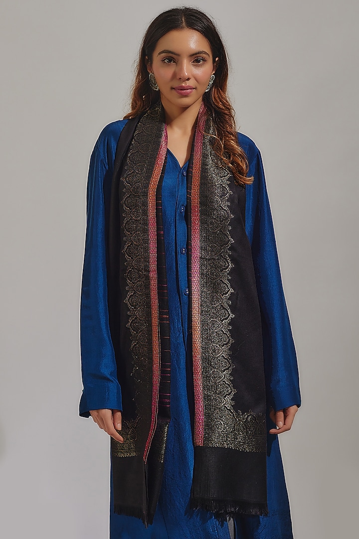 Black Wool Silk Blend Embroidered Stole by Shaza at Pernia's Pop Up Shop