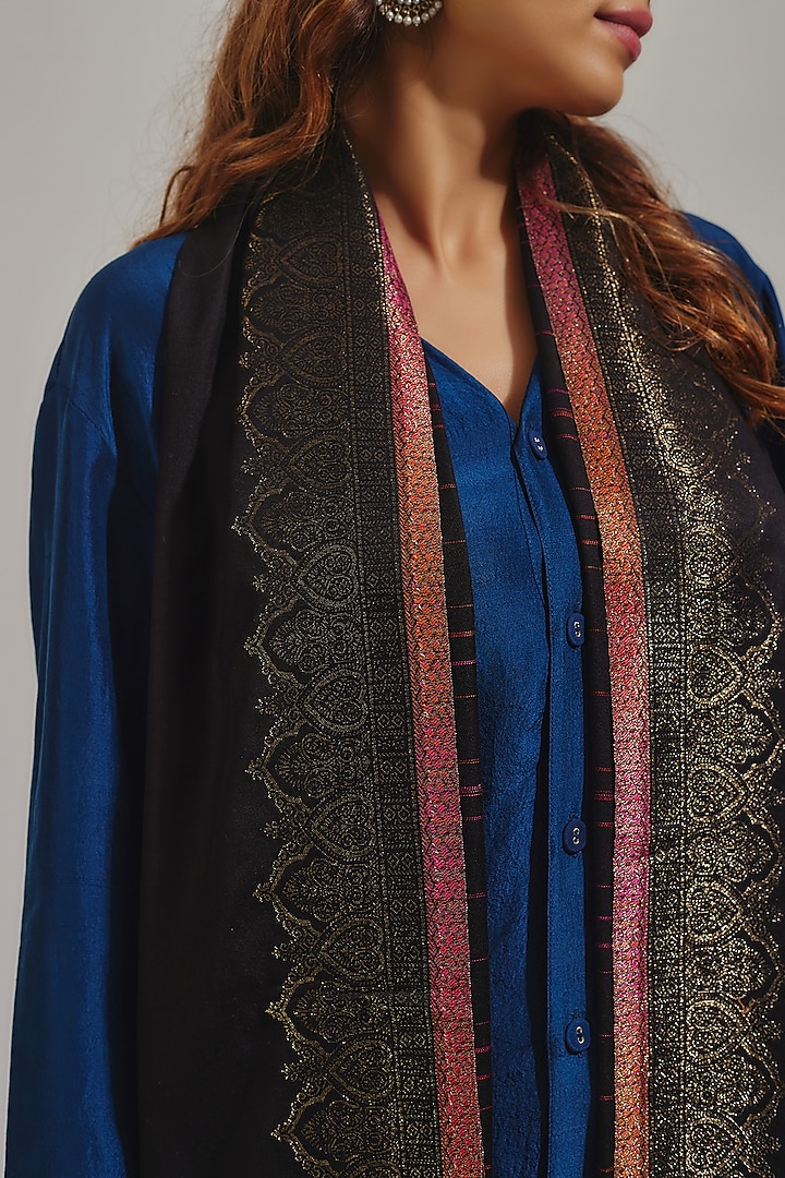 Black Wool Silk Blend Embroidered Stole by Shaza at Pernia's Pop Up Shop