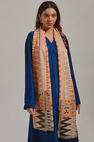 Orange & Brown Wool Silk Blend Embroidered Stole by Shaza