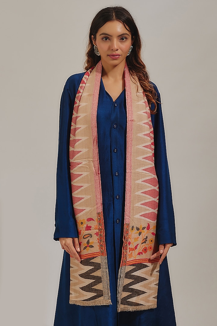 Red & Grey Wool Silk Blend Embroidered Stole by Shaza at Pernia's Pop Up Shop