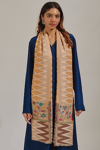 Yellow & Brown Wool Silk Blend Embroidered Stole by Shaza