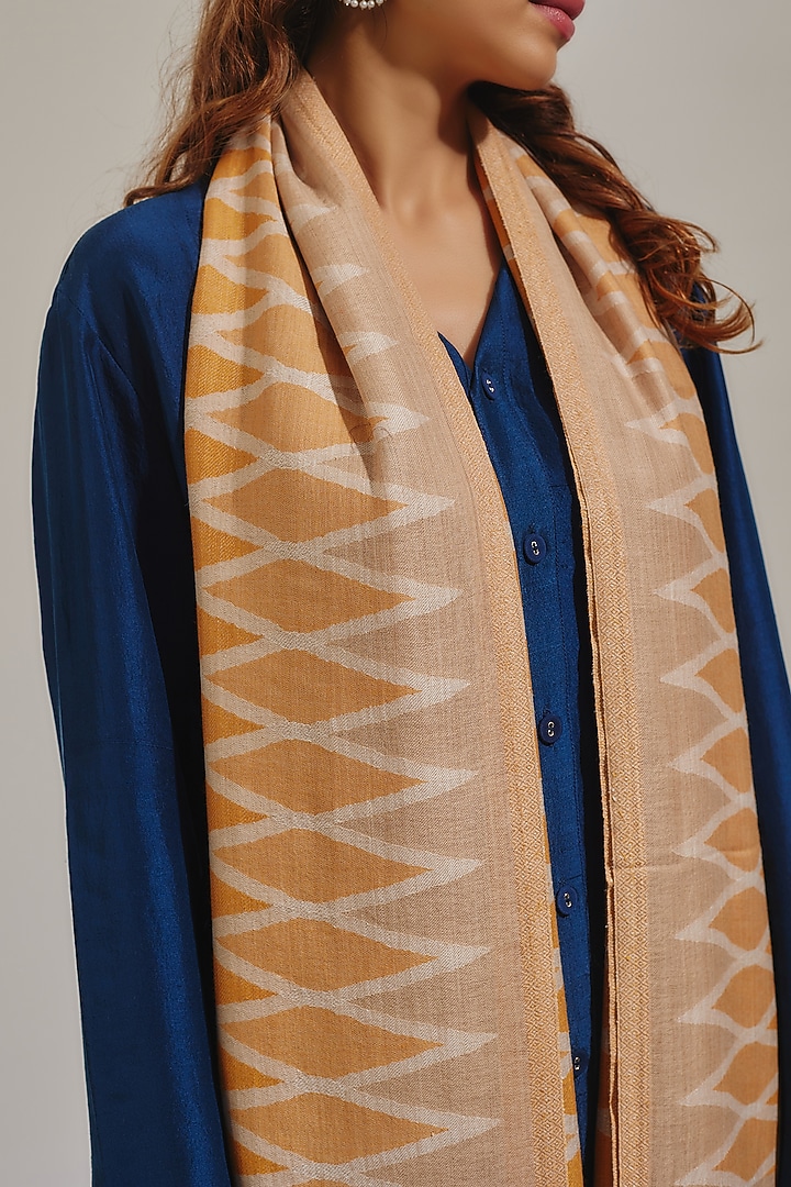 Yellow & Brown Wool Silk Blend Embroidered Stole by Shaza at Pernia's Pop Up Shop