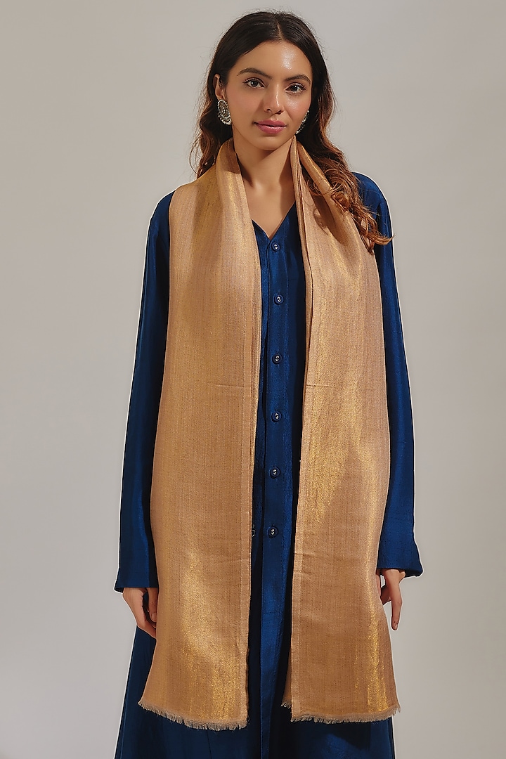 Beige Gold Wool Zari Reverse Stole by Shaza at Pernia's Pop Up Shop