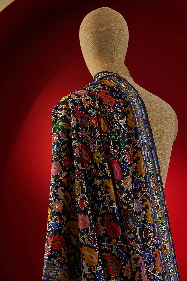 Multi-Colored Silk Thread Embroidered & Digital Printed Stole by Shaza at Pernia's Pop Up Shop